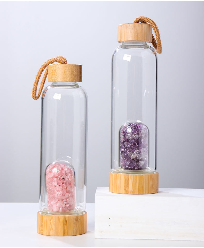  GPPSUNGD Botella de agua de cristal de cristal, botella  energética de cristal natural con piedra preciosa central de elixir de  cristal para curación y bienestar (rosa) : Hogar y Cocina