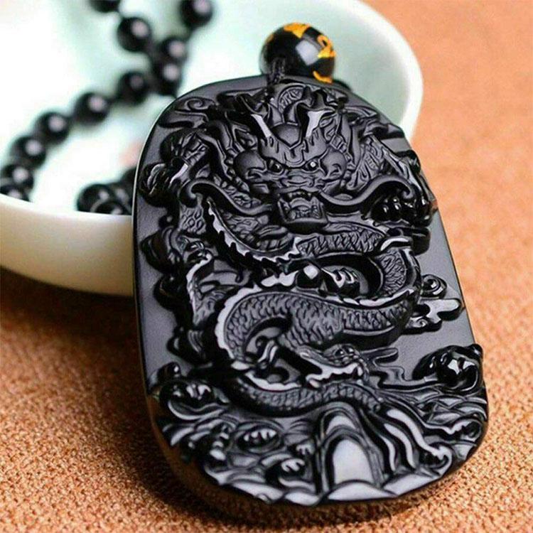 Natural Black Obsidian Dragon Necklace - Protection, Luck, Success - Buddha & Karma