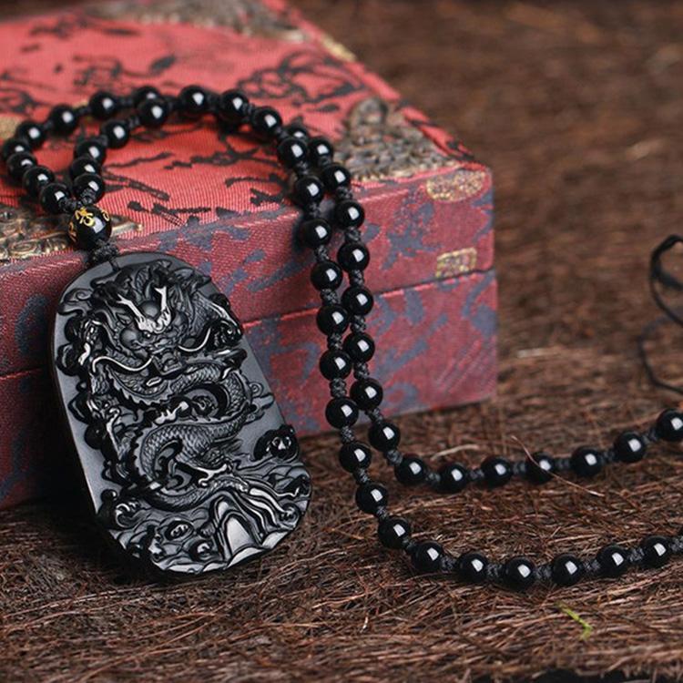Natural Black Obsidian Dragon Protection Necklace - Buddha & Karma