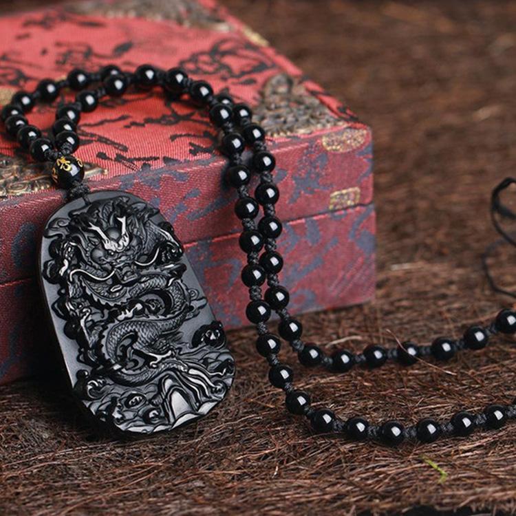 Natural Black Obsidian Dragon Necklace - Protection, Luck, Success - Buddha & Karma