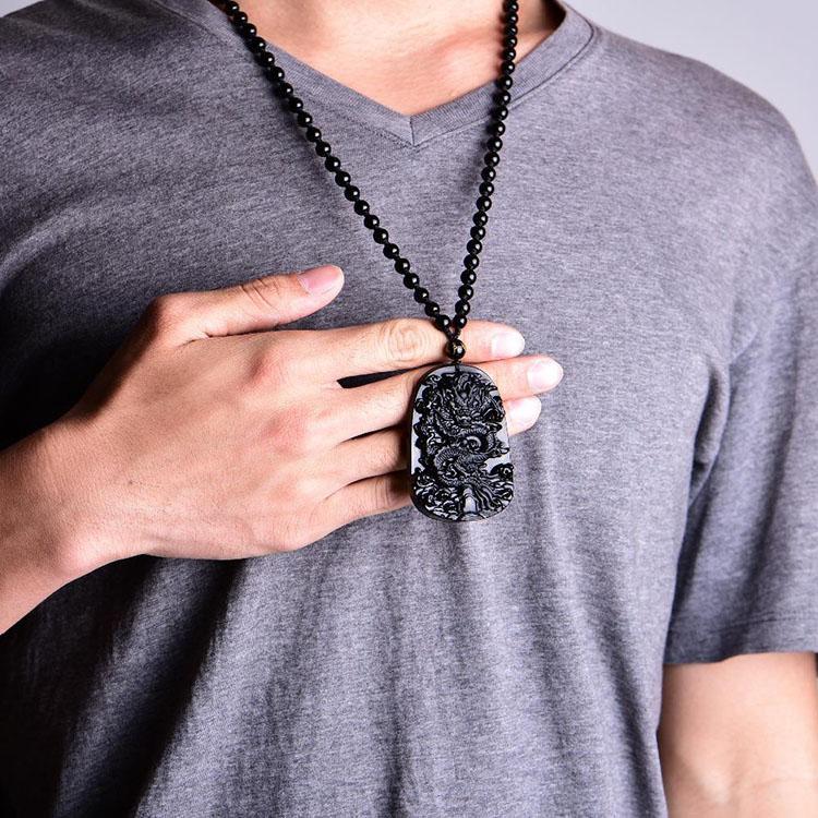 Natural Black Obsidian Dragon Necklace - Protection, Luck, Success - Buddha & Karma