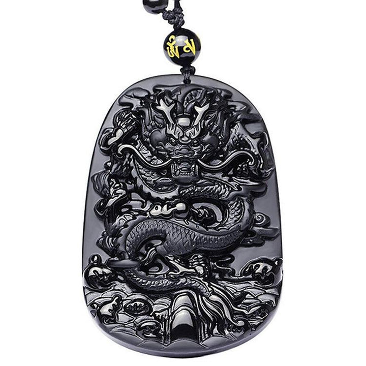 Natural Black Obsidian Dragon Necklace - Protection, Luck, Success - Buddha & Karma