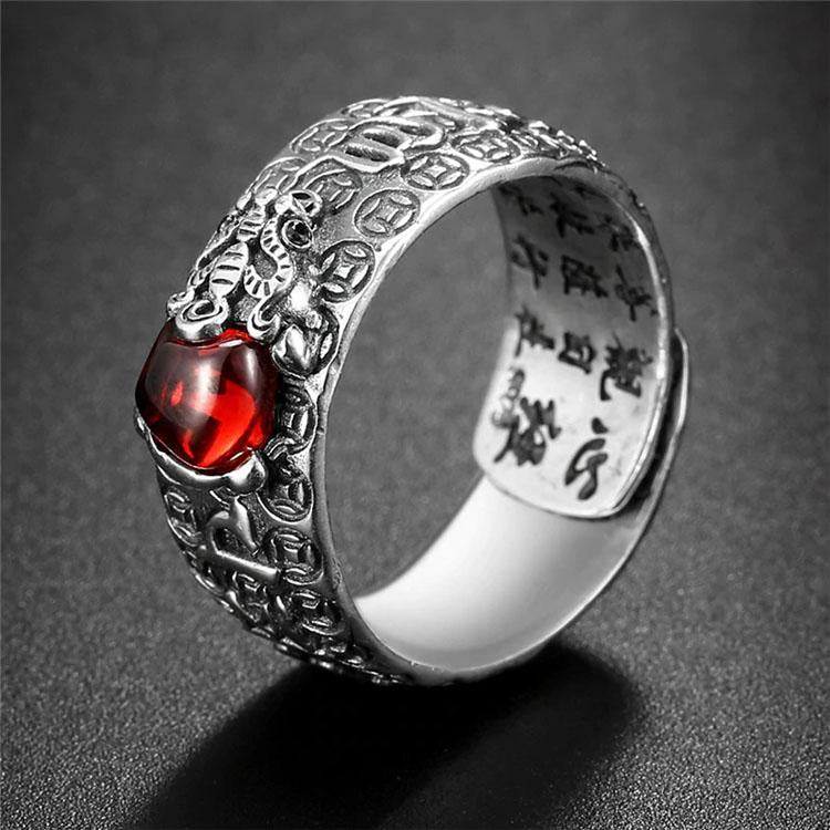 Natural Garnet Pixiu Ring - Feng Shui Wealth Ring - Buddha & Karma