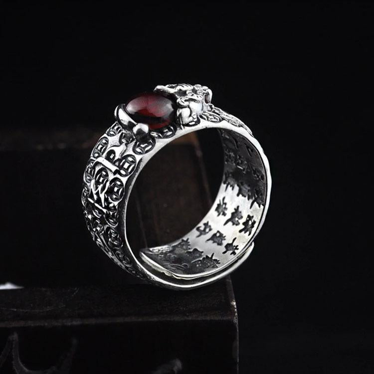 Natural Garnet Pixiu Ring - Feng Shui Wealth Ring - Buddha & Karma