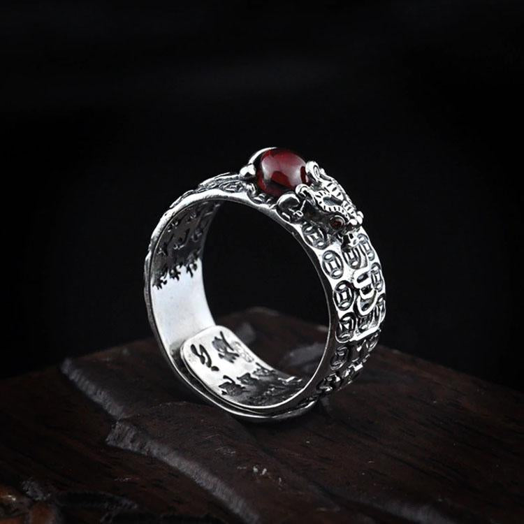 Natural Garnet Pixiu Ring - Feng Shui Wealth Ring - Buddha & Karma