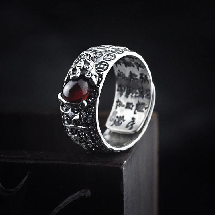 Natural Garnet Pixiu Ring - Feng Shui Wealth Ring - Buddha & Karma