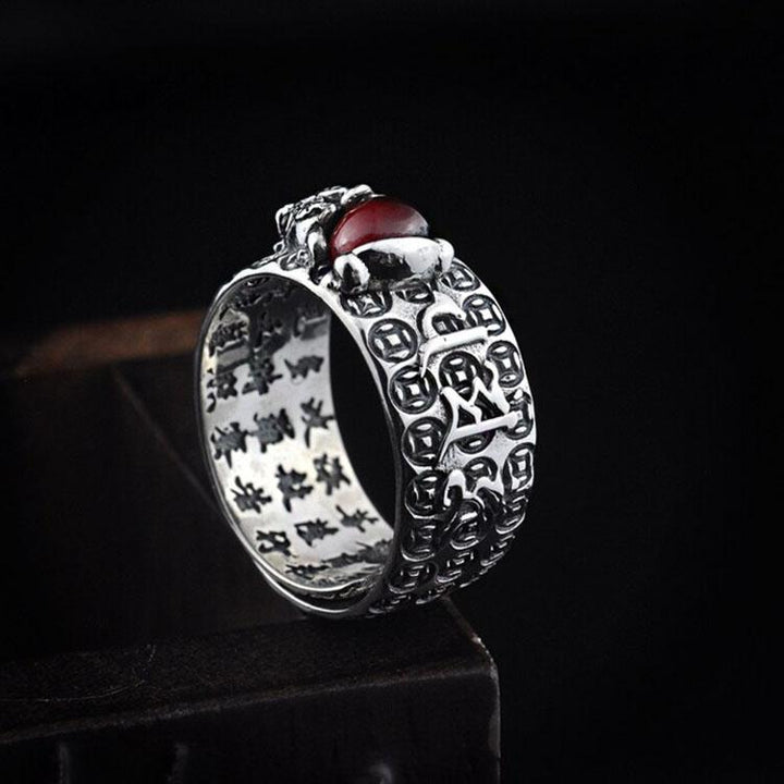 Natural Garnet Pixiu Ring - Feng Shui Wealth Ring - Buddha & Karma