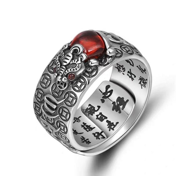 Natural Garnet Pixiu Ring - Feng Shui Wealth Ring - Buddha & Karma