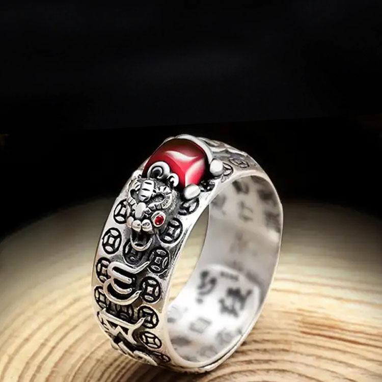 Natural Garnet Pixiu Ring - Feng Shui Wealth Ring - Buddha & Karma
