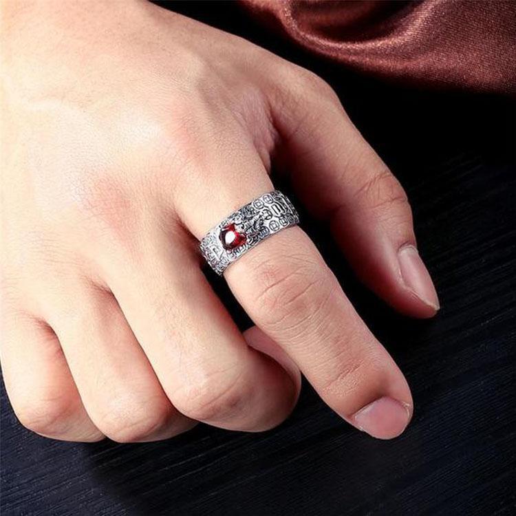 Natural Garnet Pixiu Ring - Feng Shui Wealth Ring - Buddha & Karma