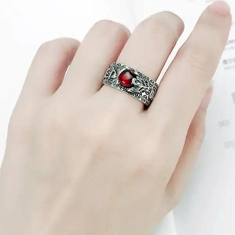 Natural Garnet Pixiu Ring - Feng Shui Wealth Ring - Buddha & Karma