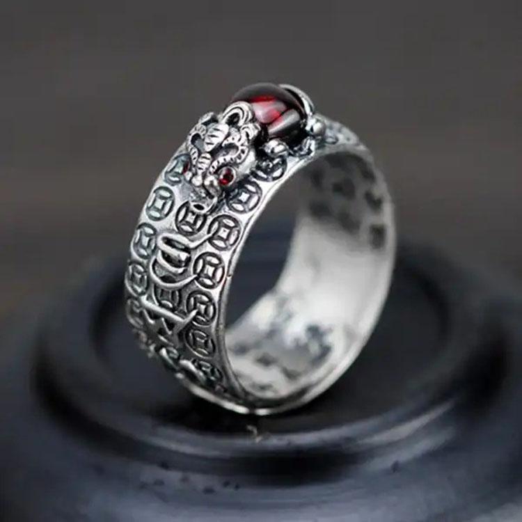 Natural Garnet Pixiu Ring - Feng Shui Wealth Ring - Buddha & Karma