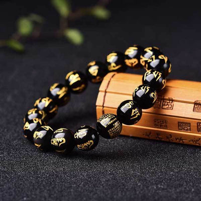 Obsidian Mani Mantra Bracelet - Luck & Protection - Buddha & Karma
