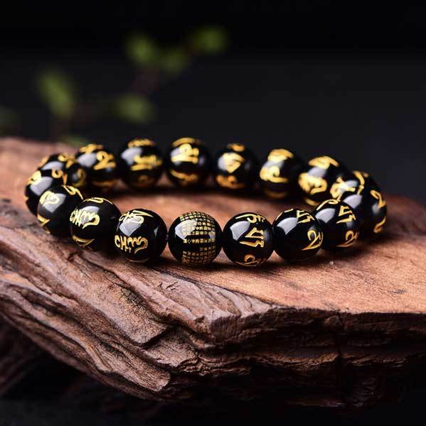 Obsidian Mani Mantra Bracelet - Luck & Protection - Buddha & Karma