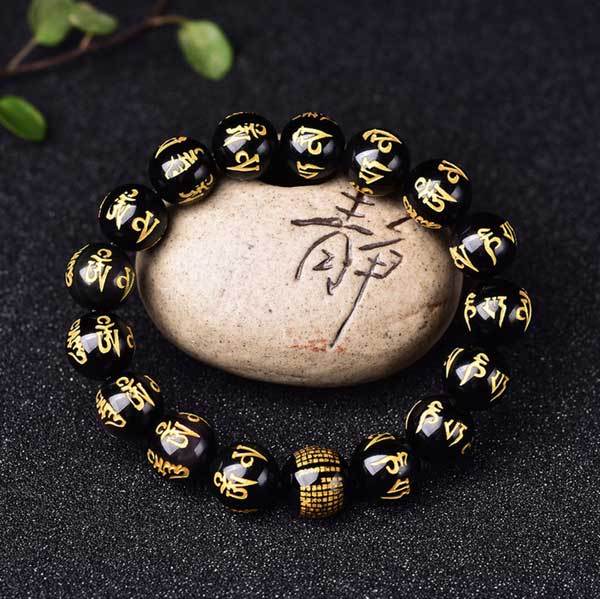 Obsidian Mani Mantra Bracelet - Luck & Protection - Buddha & Karma