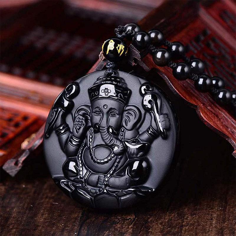 Obsidian Lord Ganesha Pendant - Necklace for Success - Buddha & Karma