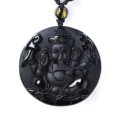 Obsidian Lord Ganesha Pendant - Necklace for Success - Buddha & Karma