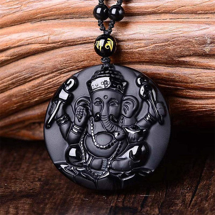 Obsidian Lord Ganesha Pendant - Necklace for Success - Buddha & Karma