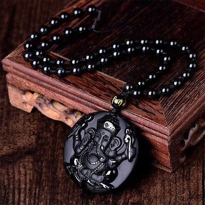 Obsidian Lord Ganesha Pendant - Necklace for Success - Buddha & Karma