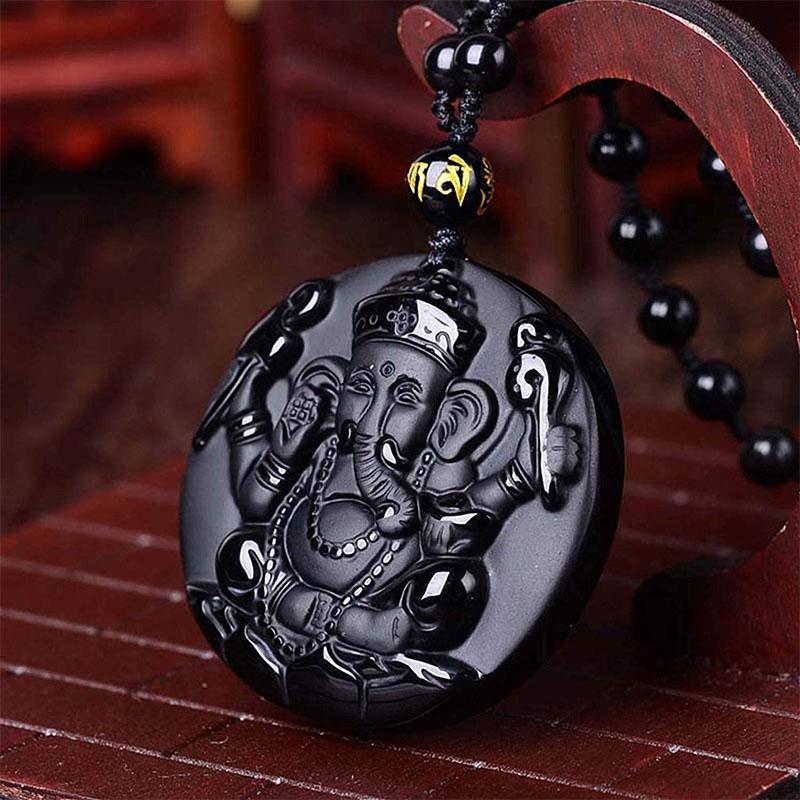 Obsidian Lord Ganesha Pendant - Necklace for Success - Buddha & Karma