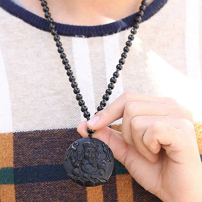 Obsidian Lord Ganesha Pendant - Necklace for Success - Buddha & Karma