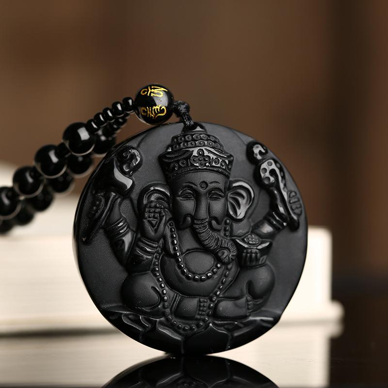 Obsidian Lord Ganesha Pendant - Necklace for Success - Buddha & Karma