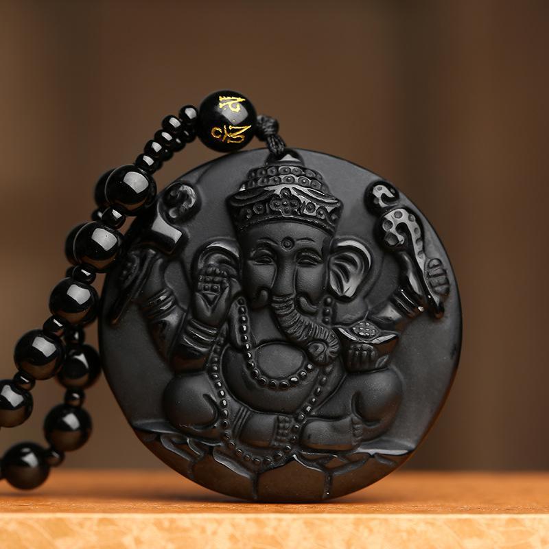 Obsidian Lord Ganesha Pendant - Necklace for Success - Buddha & Karma