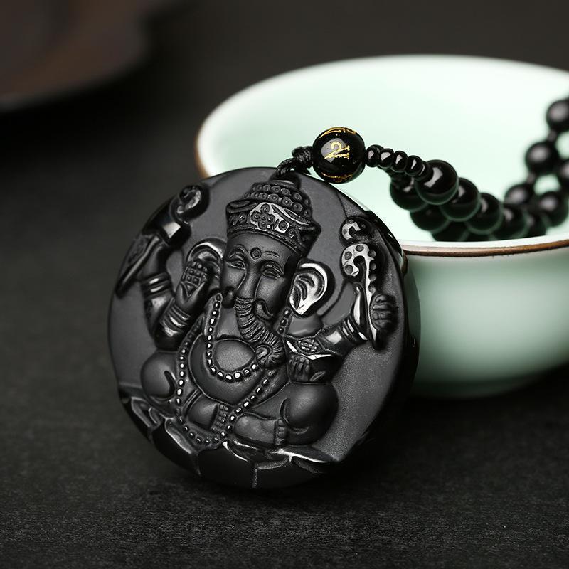 Obsidian Lord Ganesha Pendant - Necklace for Success - Buddha & Karma