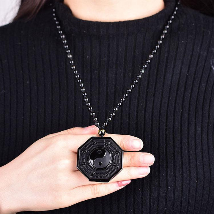 Obsidian Yin and Yang Necklace - Bagua Pendant - Buddha & Karma