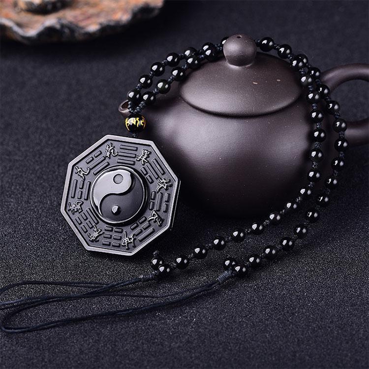 Obsidian Yin and Yang Necklace - Bagua Pendant - Buddha & Karma