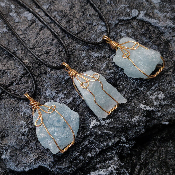 Raw Aquamarine Stone Pendant Necklace - Buddha & Karma