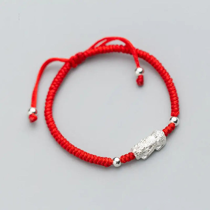 Red String Silver Pixiu Bracelet - Attract Windfall Luck - Buddha & Karma