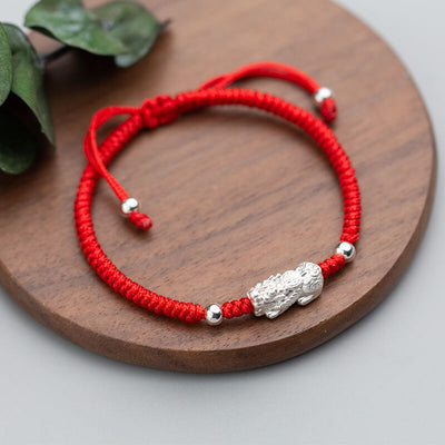 Red String Silver Pixiu Bracelet - Attract Windfall Luck - Buddha & Karma