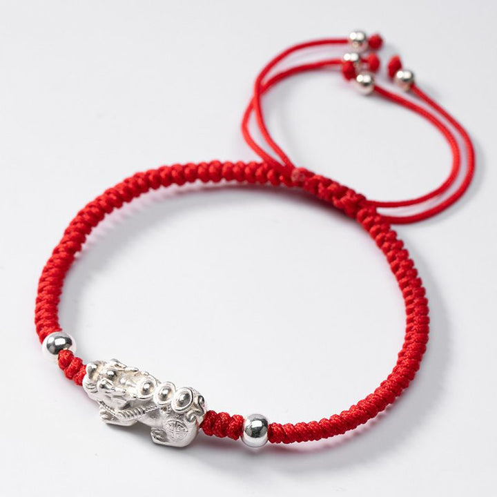 Red String Silver Pixiu Bracelet - Attract Windfall Luck - Buddha & Karma