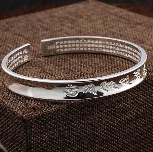 Tibetan Mantra Cuff Bracelet with Heart Sutra - Silver - Buddha & Karma