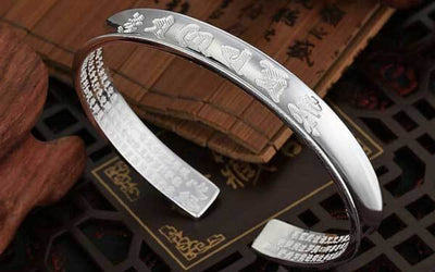 Tibetan Mantra Cuff Bracelet with Heart Sutra - Silver - Buddha & Karma