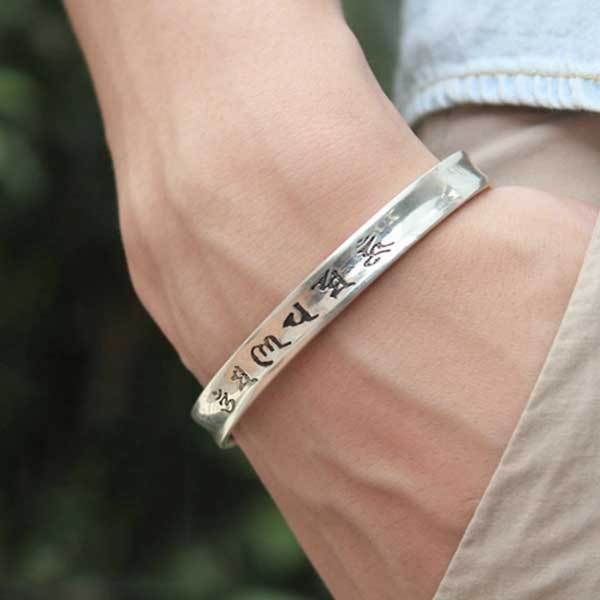 Tibetan Mantra Cuff Bracelet with Heart Sutra - Silver - Buddha & Karma