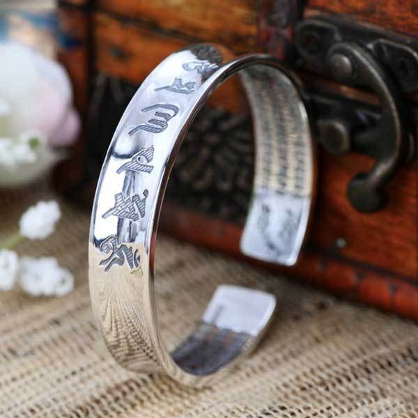 Tibetan Mantra Cuff Bracelet with Heart Sutra - Silver - Buddha & Karma