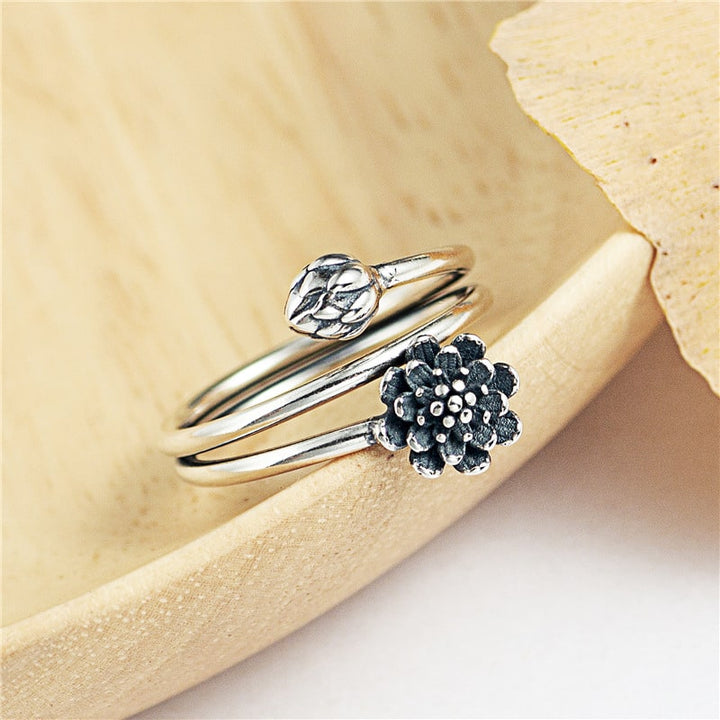 Silver Triple Wrap Lotus Ring - Beauty, Wisdom & Purity - Buddha & Karma