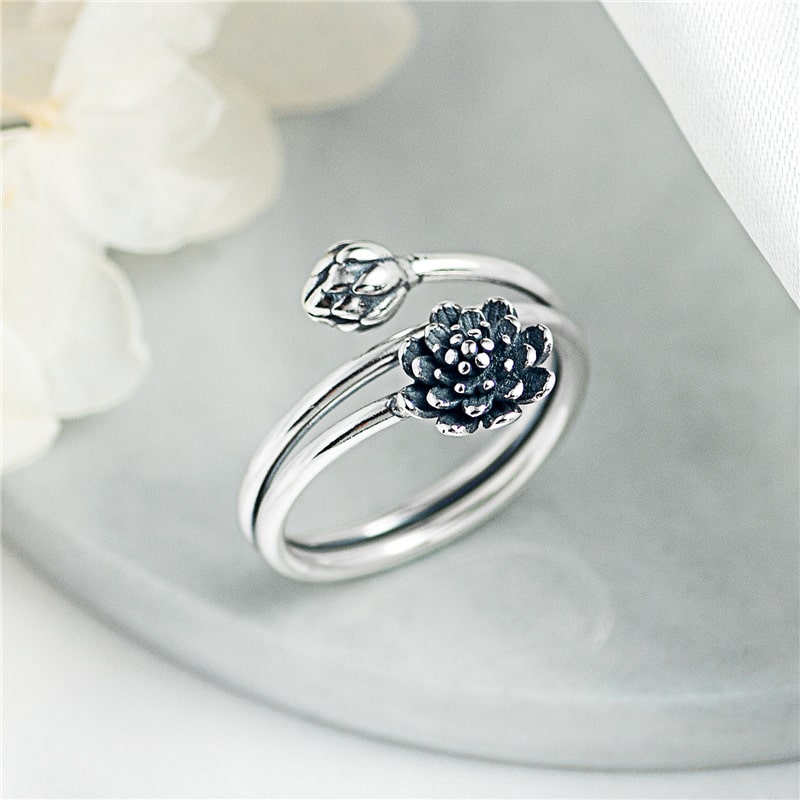 Silver Triple Wrap Lotus Ring - Beauty, Wisdom & Purity - Buddha & Karma