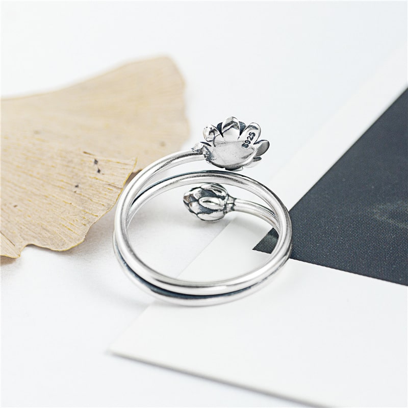 Silver Triple Wrap Lotus Ring - Beauty, Wisdom & Purity - Buddha & Karma