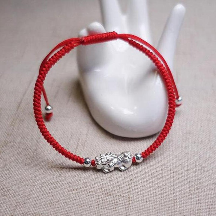 Red String Silver Pixiu Bracelet - Attract Windfall Luck - Buddha & Karma