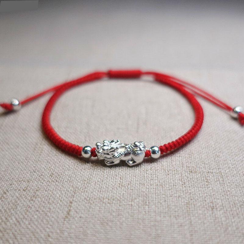 Red String Silver Pixiu Bracelet - Attract Windfall Luck - Buddha & Karma