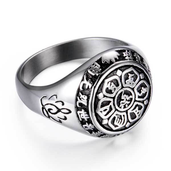 Lotus Mantra Ring – Om Mani Padme Hum - Silver, Gold - Buddha & Karma